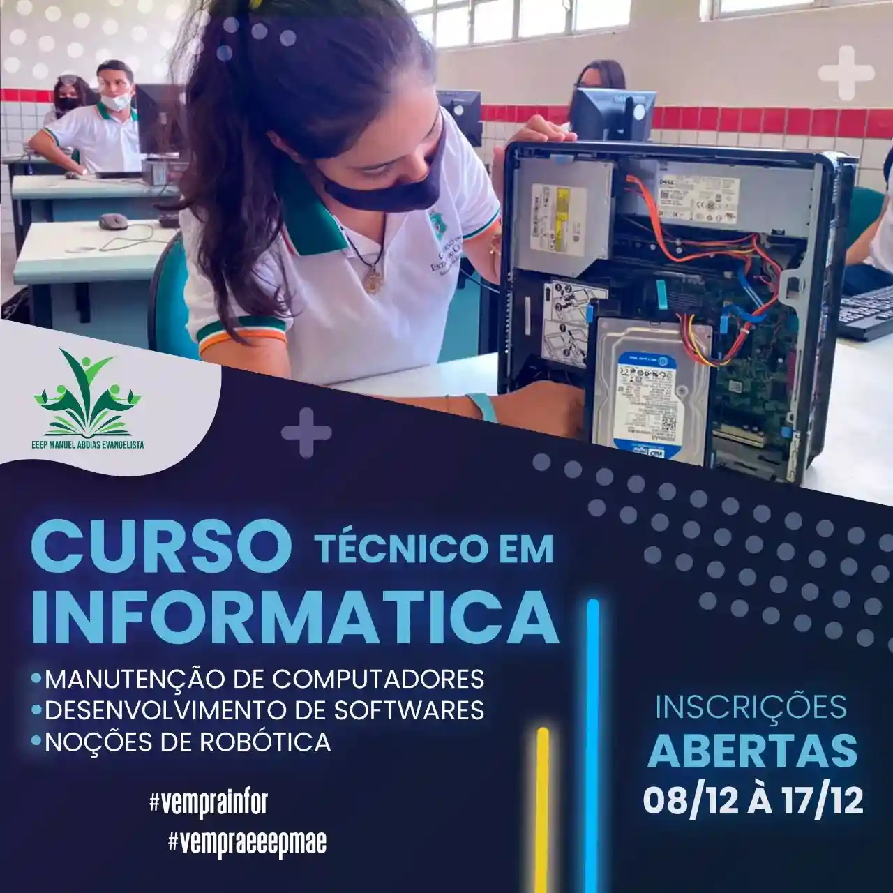 Imagem de divulgação do Curso Técnico em Informática com fotos dos alunos.